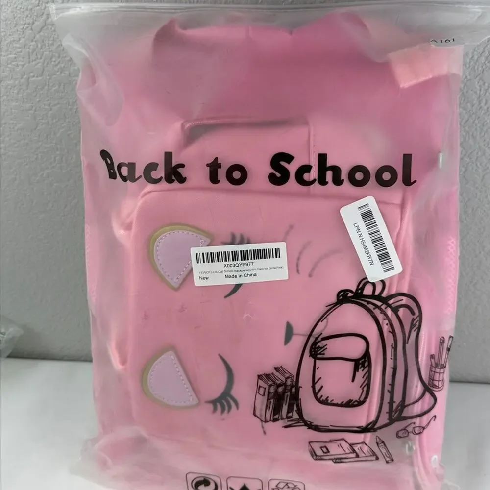 NWT Charming Pink Cat Kids Backpack and Lunch Bag Set
